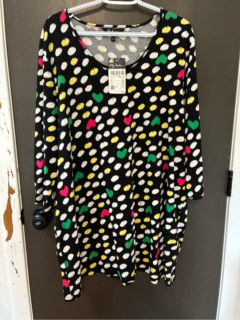 Ulla Popken, European designer Black Multi-Spot Scoop Neck Women's Tunic Dress
